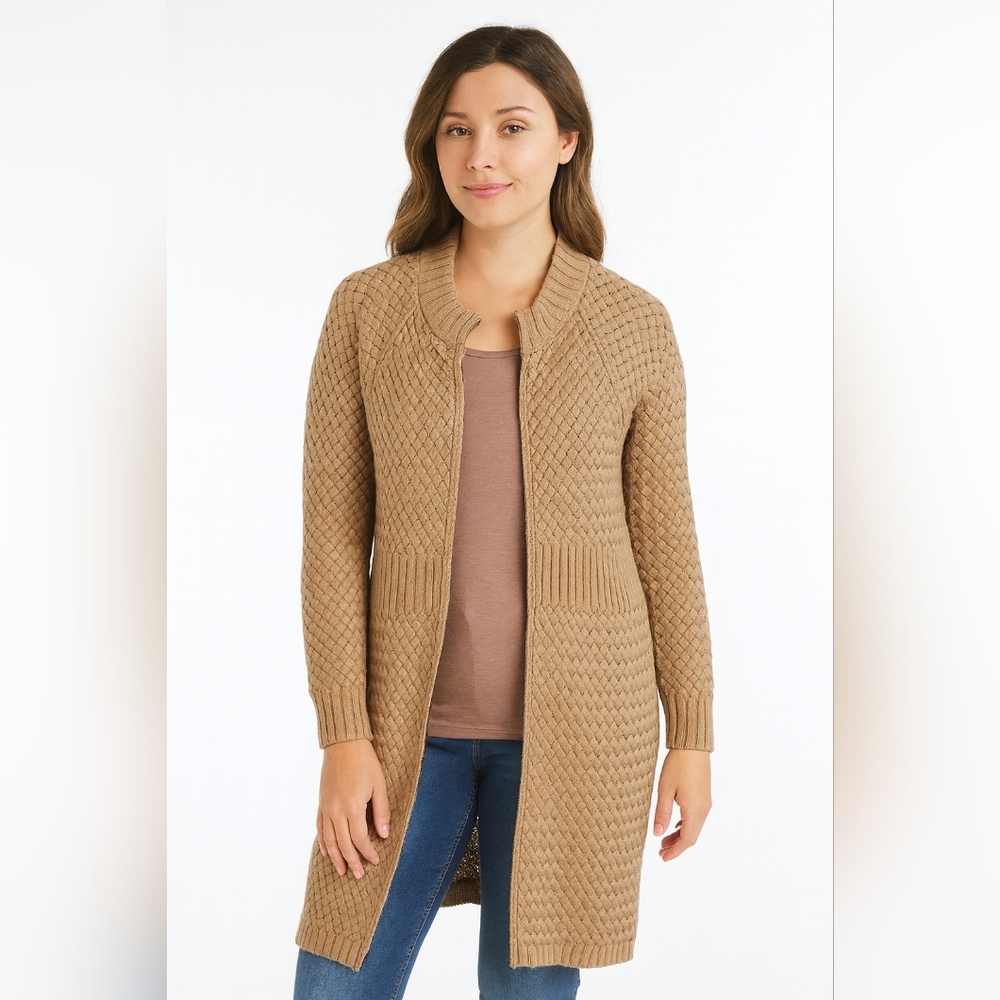 Talbots New Womens MP Tan Basket Weave Style‎ Cardigan Mid Length Sweater